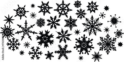 A collection of diverse snowflake shapes and sizes rendered in a striking black silhouette against a white background