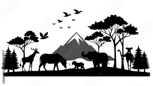 Silhouette of a diverse wildlife scene with elephants deer birds and mountains