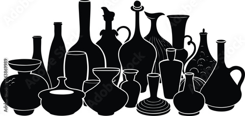 Collection of diverse antique and modern ceramic and glass vases and bottles in a striking black silhouette against a white background