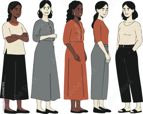 Diverse group of five women standing in casual outfits illustration for lifestyle and social themes vector 