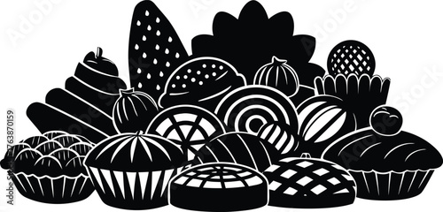 A diverse collection of sweet treats and desserts presented in a striking black silhouette against a white background silhouette