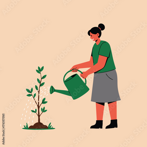 Woman watering young plant for gardening and plant care vector illustration with green watering can and casual outfit 