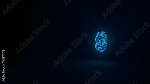 Minimal glowing fingerprint icon on dark background, representing cybersecurity. Ample empty space for text or design placement.