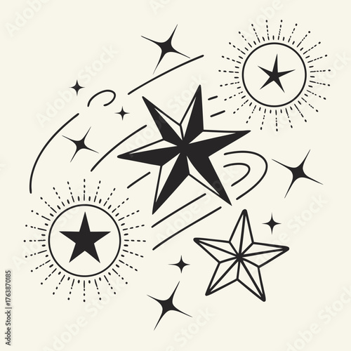 Three large stars with unique designs solid, geometric, and radiating surrounded by smaller stars and abstract lines. The composition blends celestial and artistic elements with a dynamic.