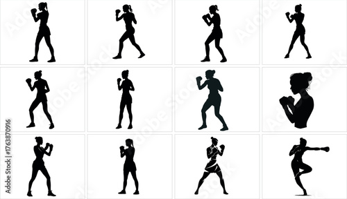 Collection of female boxer silhouettes in various poses isolated on white background