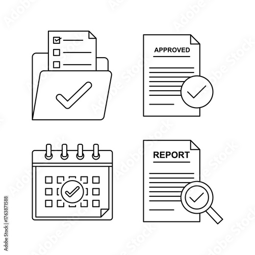 Set of icons representing a document folder, approved document, calendar, and report with magnifying glass on a white background