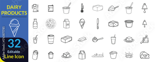 A set of 32 editable vector line icons for dairy products, milk, cheese, and farm-related food items. Ideal for food and beverage design.
