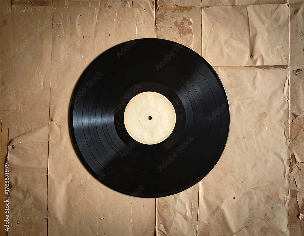 Obraz premium Overhead shot of a vintage vinyl record on a crumpled, aged paper surface. The black disc contrasts against the light brown background