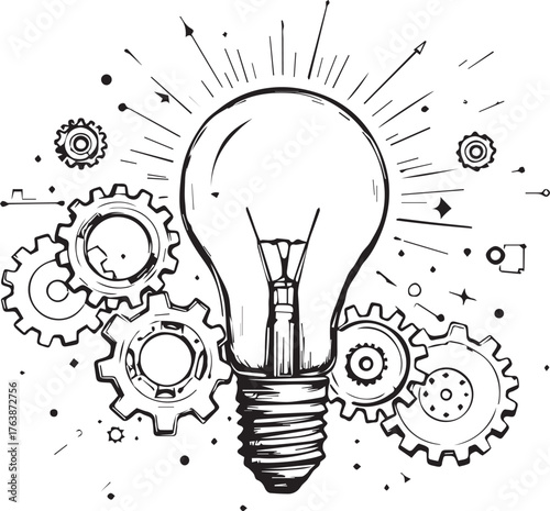Innovation concept vector with light bulb, gears, and dynamic sketch elements for creativity, engineering, and idea generation