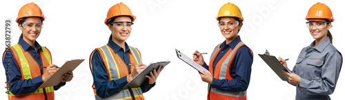 high quality photo, portrait, woman engineer in construction uniform, hard hat, safety glasses, writing on clipboard, smiling confidently, transparent background, highly detailed