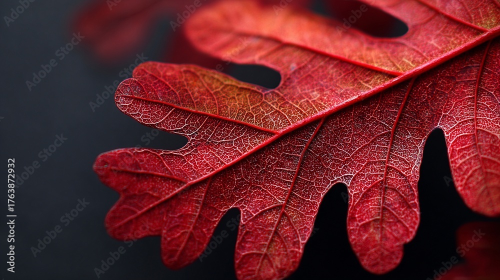 Fototapeta premium Vibrant crimson oak leaf showcasing intricate vein patterns and serrated edges, capturing the rich autumn transformation against a deep dark background