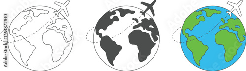 Global Air Travel Concept with Airplane Flying Around the Earth in Three Different Styles