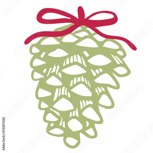 A simple and elegant Christmas pine cone illustration tied with a red ribbon. Perfect for holiday cards, gift tags, festive invitations, stickers, and winter-themed designs.