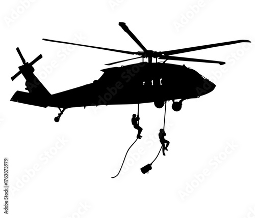 Military Helicopter Fast-Rope , Rappelling Silhouette