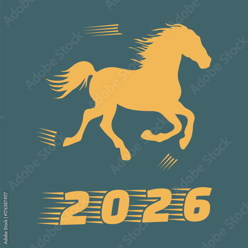 Year of horse symbol 2026 with silhouette against solid teal background