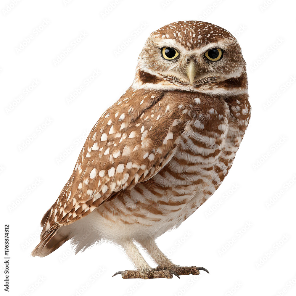Fototapeta premium A brown and white owl with bright yellow eyes, isolated on transparent background