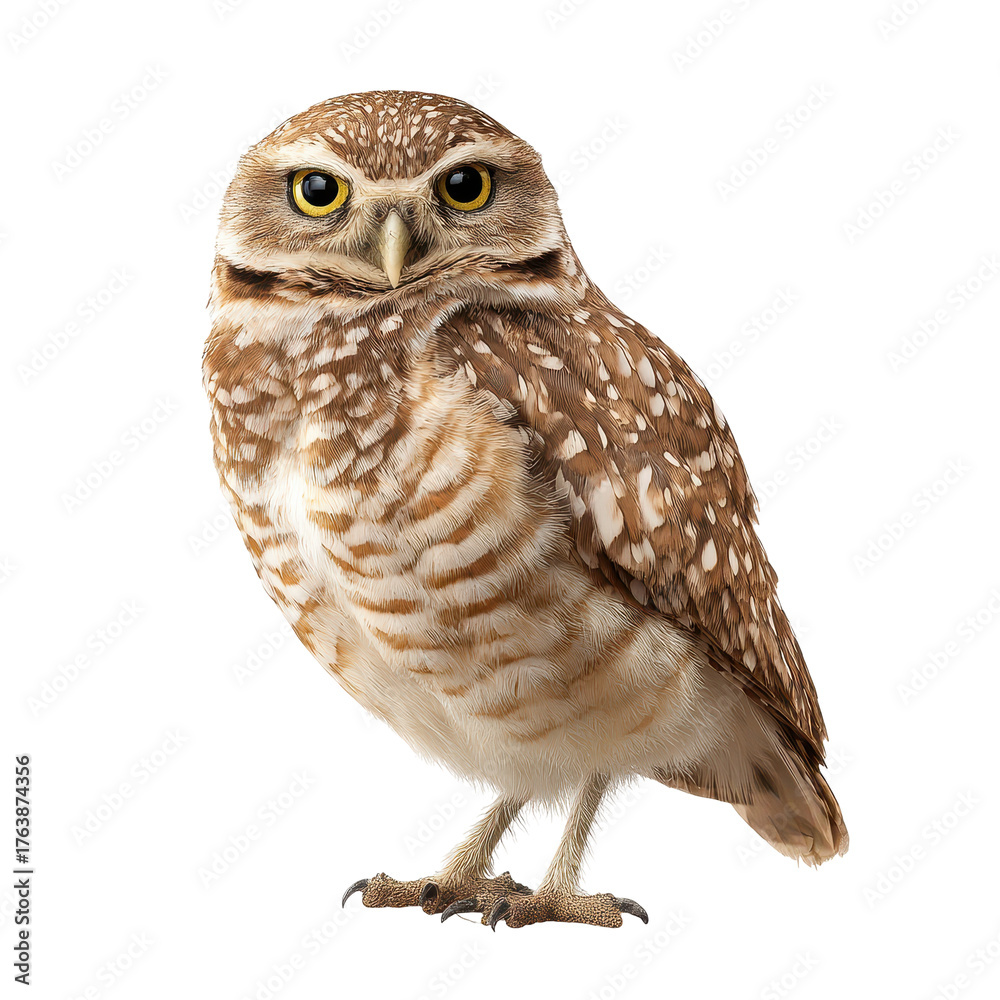 Naklejka premium A brown and white owl with bright yellow eyes, isolated on transparent background