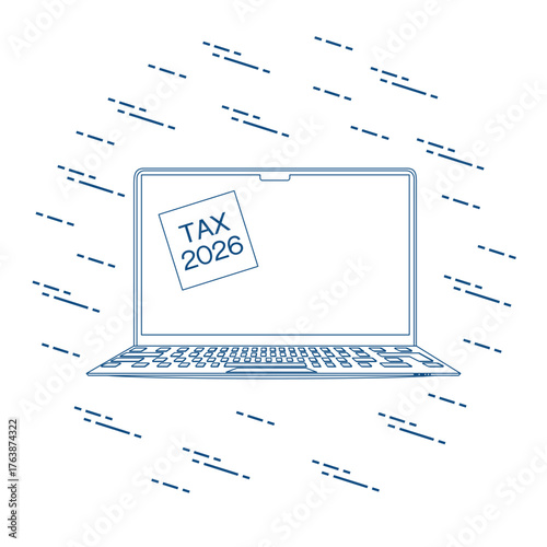 Laptop displaying tax 2026 note surrounded by abstract digital elements, suitable as background