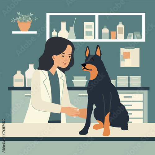 Veterinarian examining doberman in clinic setting, displaying care and professionalism