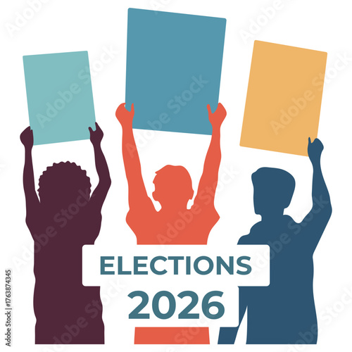 Elections 2026 concept with diverse silhouettes holding protest signs, potential for poster use