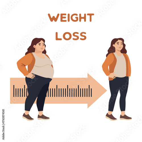 Weight loss concept showing before and after transformation with a measurement arrow background