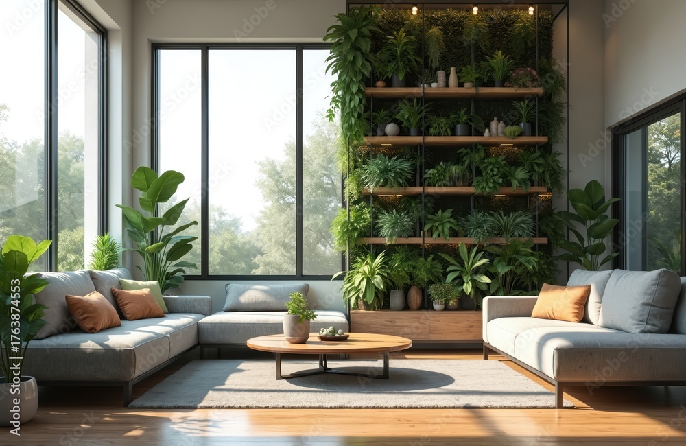 Fototapeta premium Stylish living room interior with plant decor and large windows. Modern home design features green wall with various plants sofa set table. Bright sunlight fills the space creating cozy vibe.