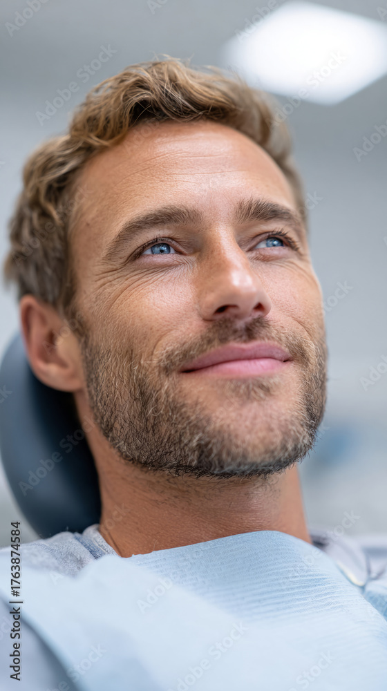 Fototapeta premium Patient relaxed in dental chair anticipating implant procedure