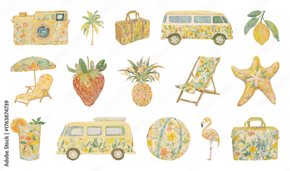 Fototapeta premium PNG Vintage tropical summer icons, element set on transparent background