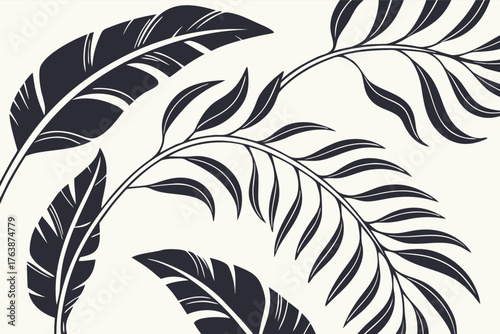 A monochromatic illustration of overlapping tropical leaves, including banana and palm fronds. The dark leaf silhouettes against a light background create a bold, decorative design with a natural.