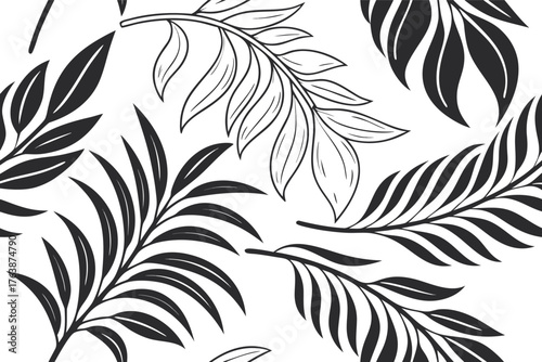 A seamless, monochromatic black and white pattern featuring a variety of tropical and fern-like leaves.