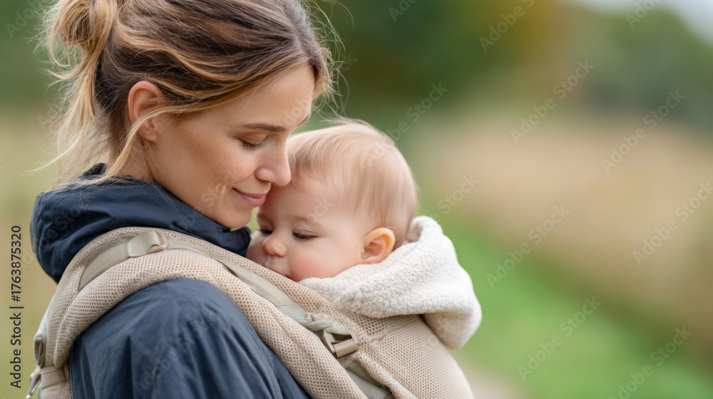 Obraz premium Mother comfortably carrying baby with ergonomic baby carrier outdoors