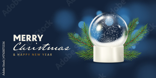 Christmas banner with a Snow globe, Fir Twig, and falling confetti. Vector illustration in 3D style