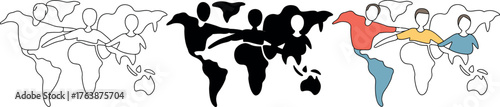 Global unity and partnership depicted in simple line art with diverse people connecting across the world