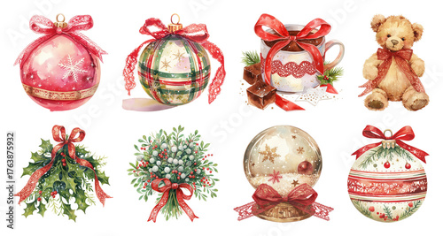 PNG Festive ornaments and holiday decorations, element set on transparent background