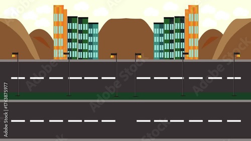 City street scene. Seamless loop animation of a flat city road with lights, grassy divider, and skyline under clouds. Perfect animated background for games and videos.