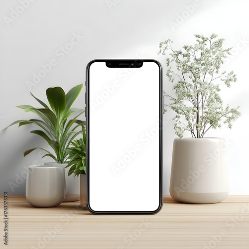 Blank smatphone mockup with minimalist plants, neutral tones, and natural light for app or website display
