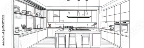 Modern kitchen interior design with island counter stools overhead pendant lights built in appliances open shelving and minimalist style line art illustration