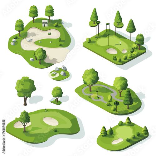 Isometric golf course set with putting greens sand bunkers trees shrubs and flagsticks isolated on white background flat vector illustration collection