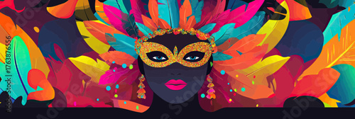 Vibrant Brazilian carnival dancer with colorful feather headdress glitter mask earrings festive celebration poster background vector design