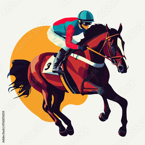 Flat minimalist vector art of jockey riding racehorse mid-jump with number three saddlecloth and orange background shape for horse racing competition illustration