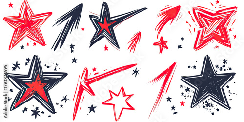 Hand drawn red and black star doodles and sparkles set of underline elements with arrows and scribbles in flat minimalist vector style for decoration emphasis highlight design