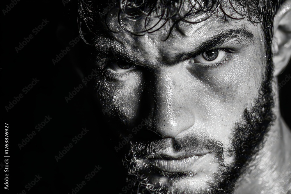 Obraz premium Intense monochrome portrait of a determined man with a strong gaze, highlighting his sweaty skin and textured beard in a dramatic black and white composition.