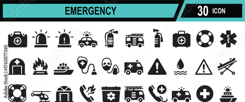 Vector art of set of 30 emergency and safety icons