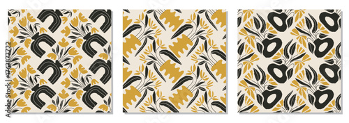 Set of trendy minimalist seamless botanical pattern with abstract creative hand drawn composition in neutral colors ideal for interior design, wallpaper, minimal background, vector illustration