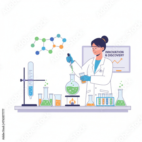 An illustration of a female scientist conducting chemical experiments in a modern laboratory