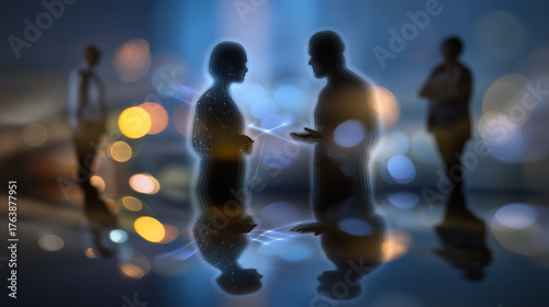 Anonymous pair's silhouettes conversing with defocused bodies while AI device remains in crystal focus, with copy space