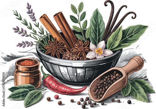 A rich assortment of aromatic spices and fresh herbs is artfully arranged around a dark bowl, with individual elements like cinnamon sticks, star anise, vanilla pods, chili peppers, and various leaves