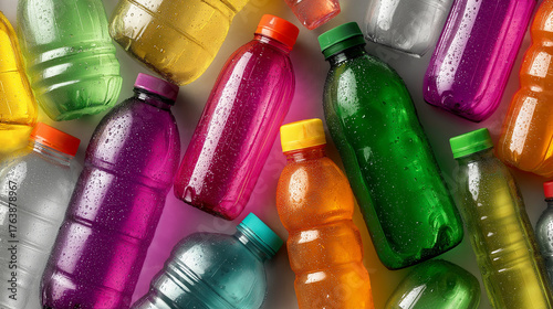 Flat lay of vibrant and colorful sports drinks covered in water droplets