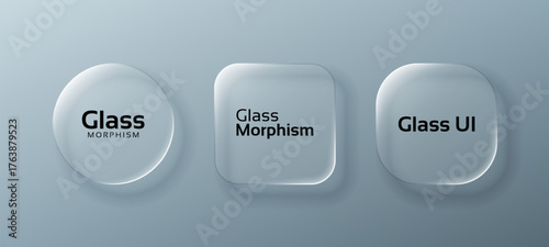 Set of three transparent glass morphism circle and square shapes for modern user interface design. Vector graphic element for web and app.