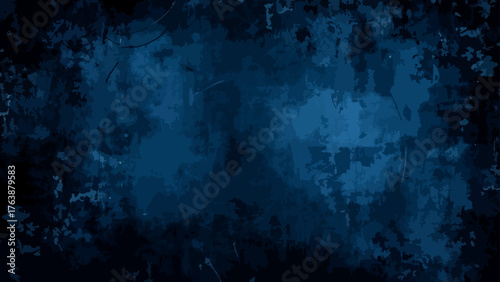 Abstract background featuring deep blue and bright cyan paint textures. Rough brush strokes, splatters, and smudges grunge-like atmosphere with dark navy to electric blue.